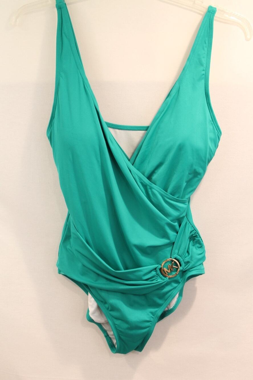 Michael Kors One Piece Swimsuit Women 14 Teal Ruched Wrap Bodice Gold Tone Logo